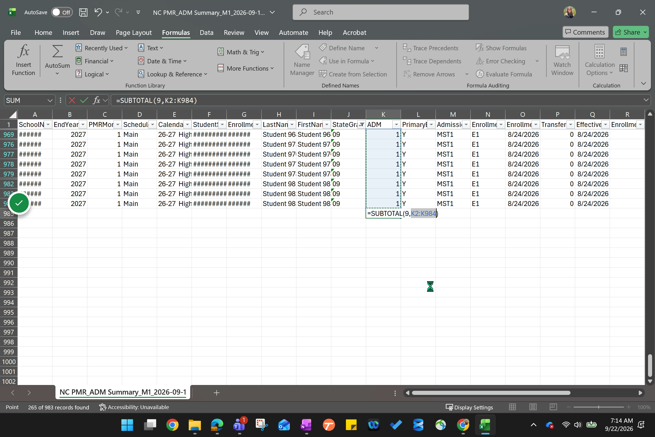The AutoSum function adds a subtotal formula for the filtered grade level.