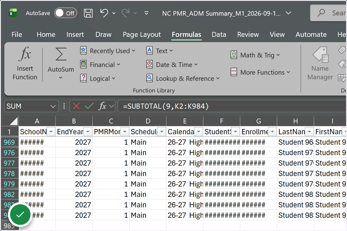The AutoSum function adds a subtotal formula for the filtered grade level.