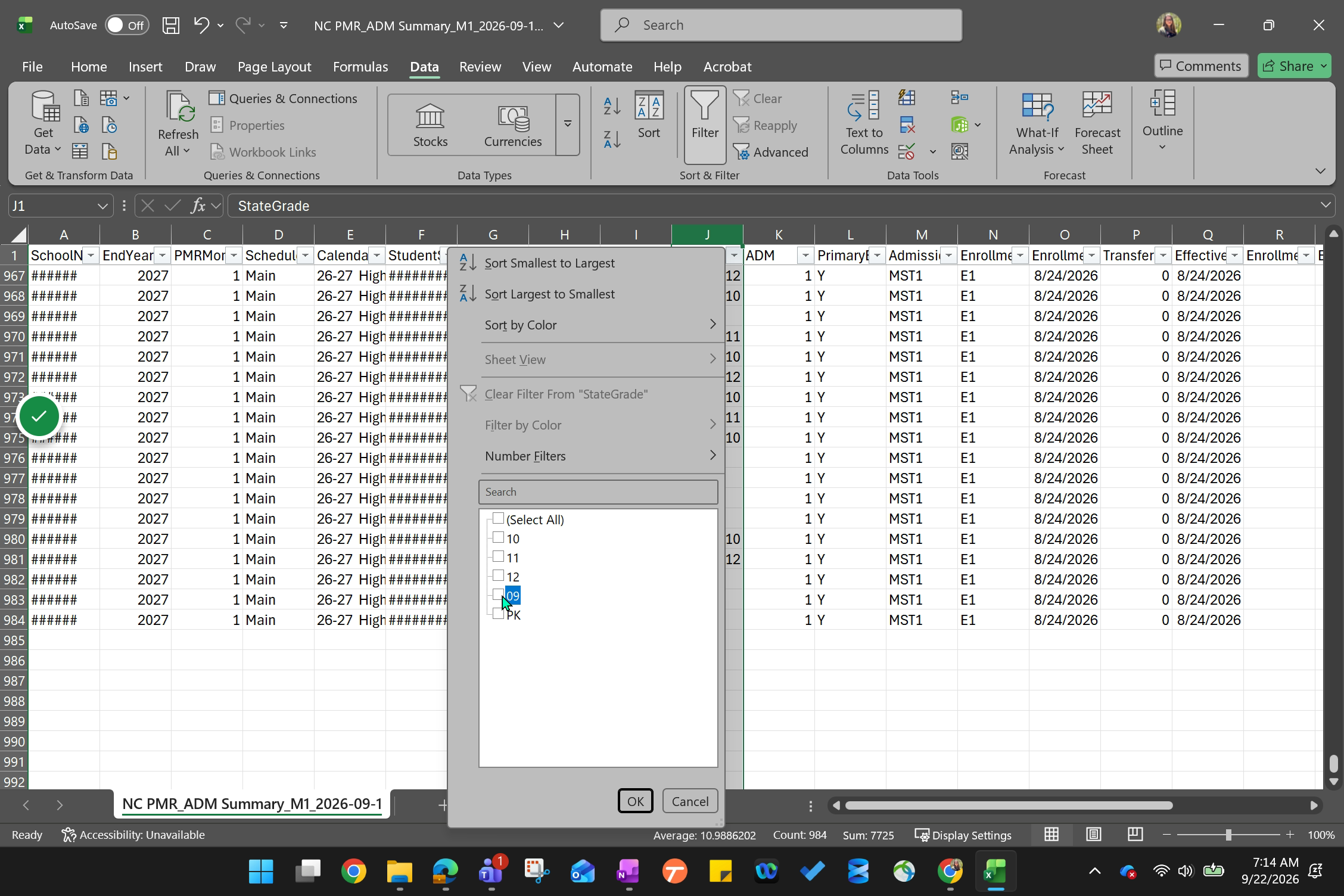 Uncheck Select All to filter for one grade level.