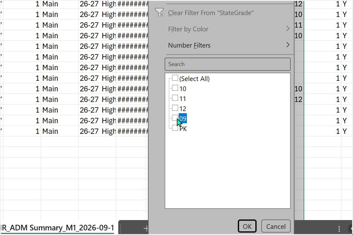 Uncheck Select All to filter for one grade level.