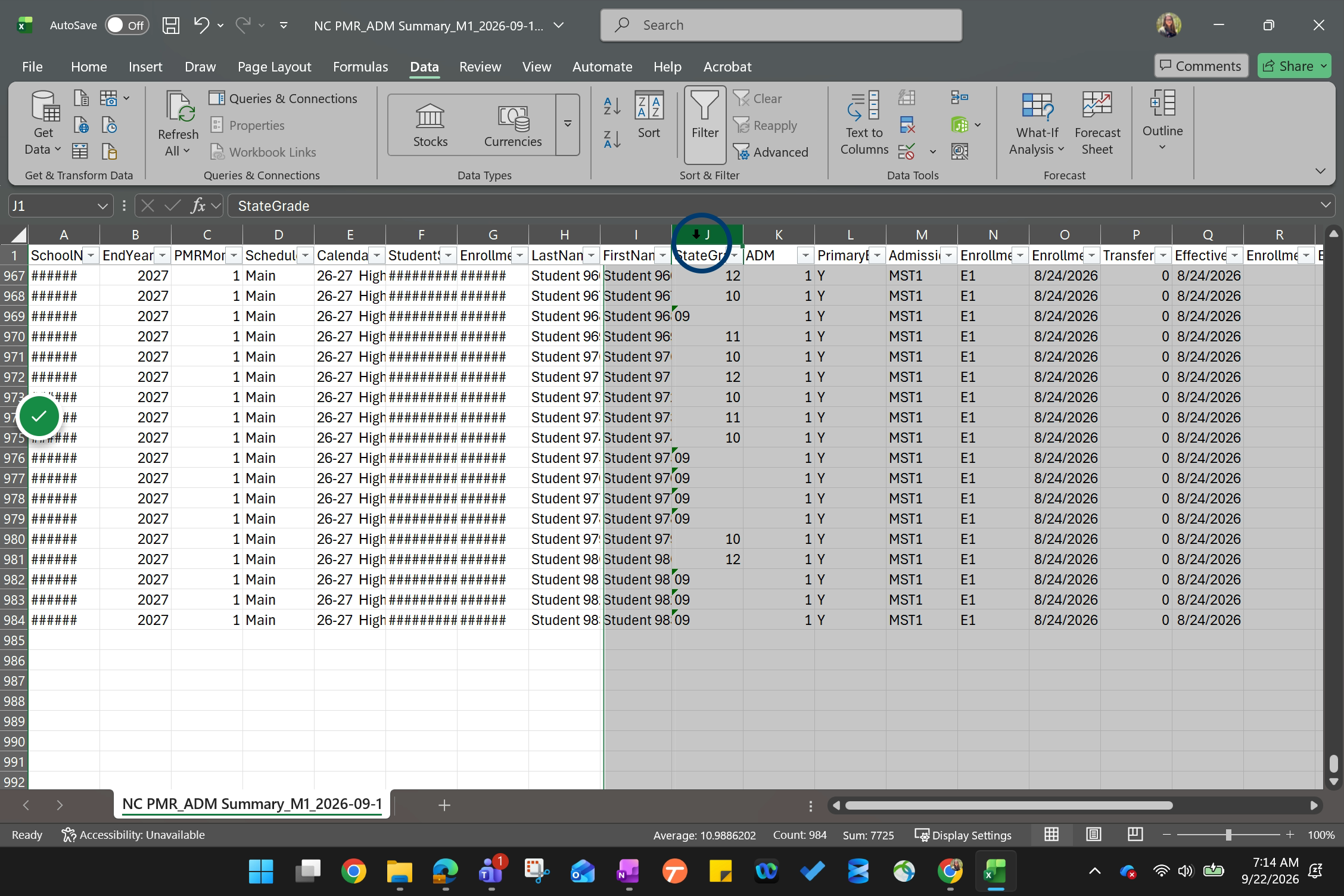 Locate the StateGrade column.