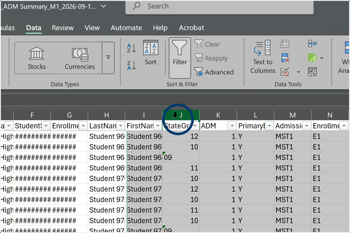 Locate the StateGrade column.