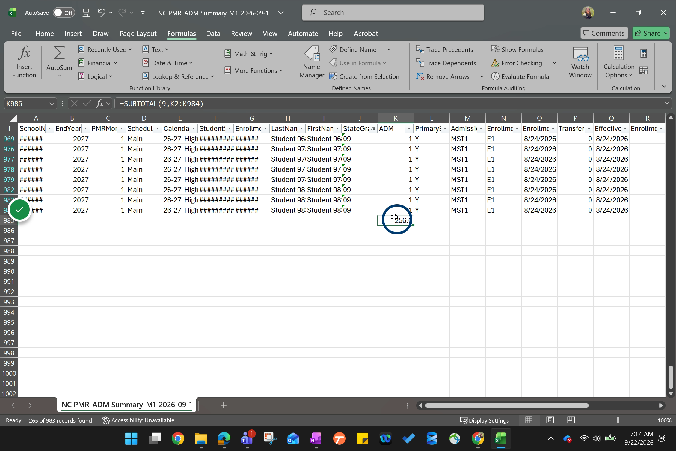 Round the SUM to the nearest whole number and compare to the corresponding grade level on the PMR Summary.