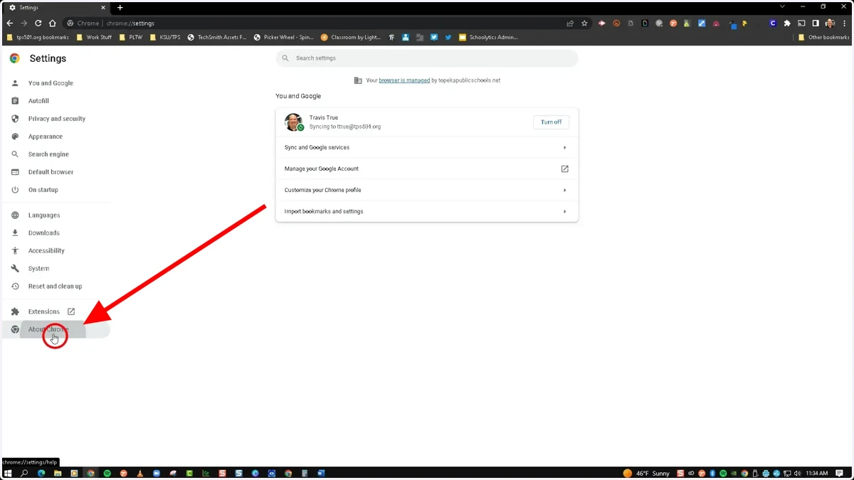 On the left side of the settings screen, click About Chrome at the bottom