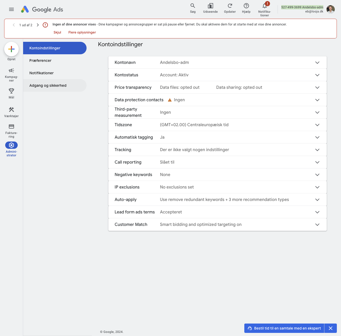 Click on Adgang og sikkerhed / Access and Security