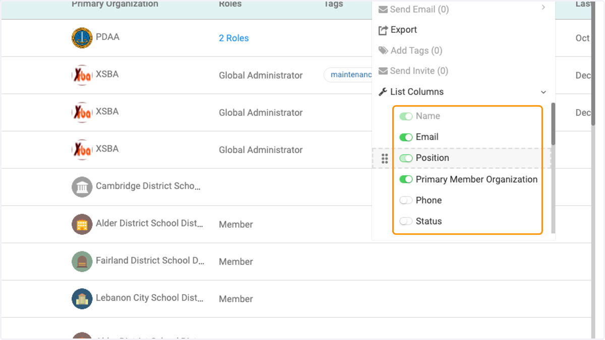 Toggle the columns on or off per your preference
