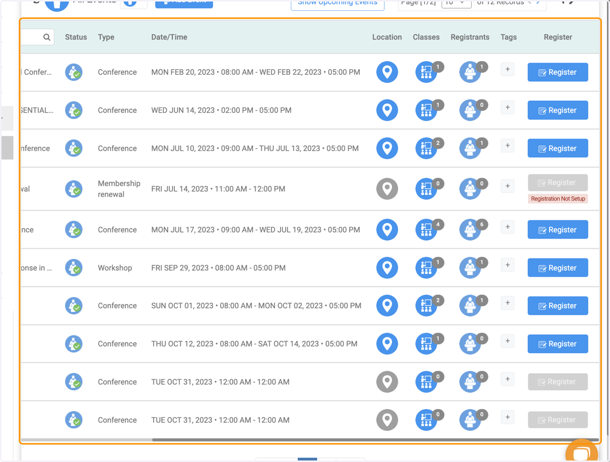 Viewing the events list page