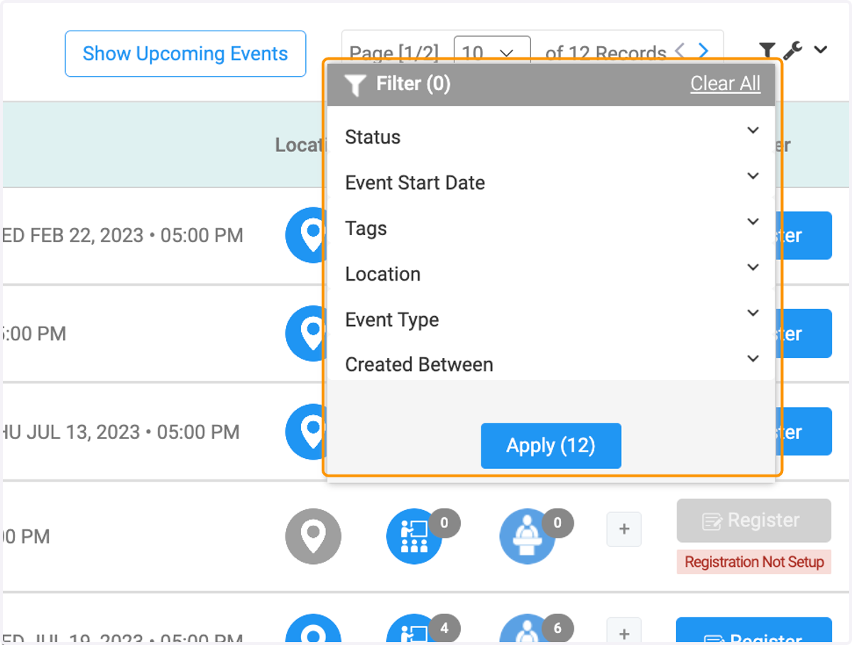 Select from menu and dropdown lists for filter criteria