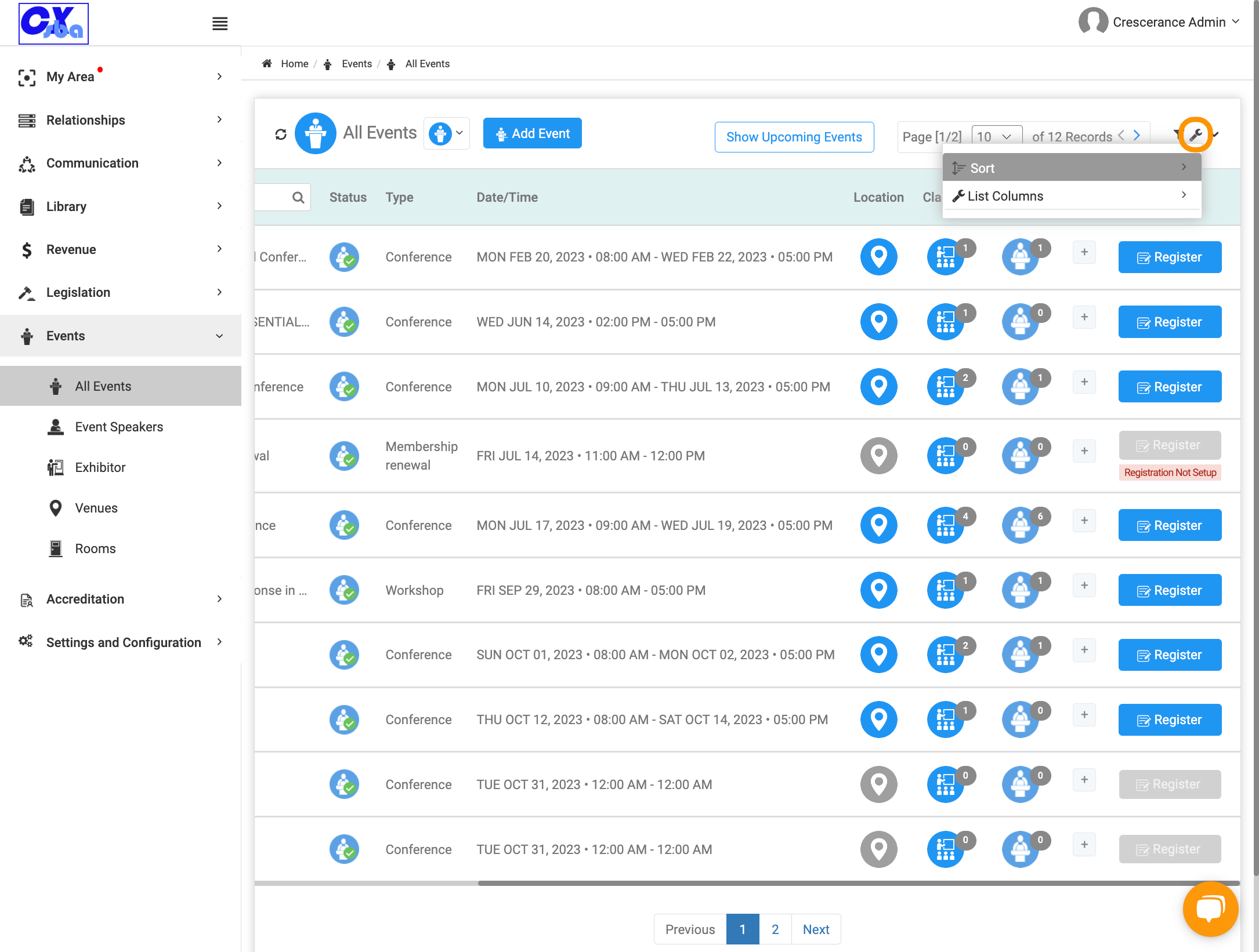 Click on the wrench icon to sort your event list