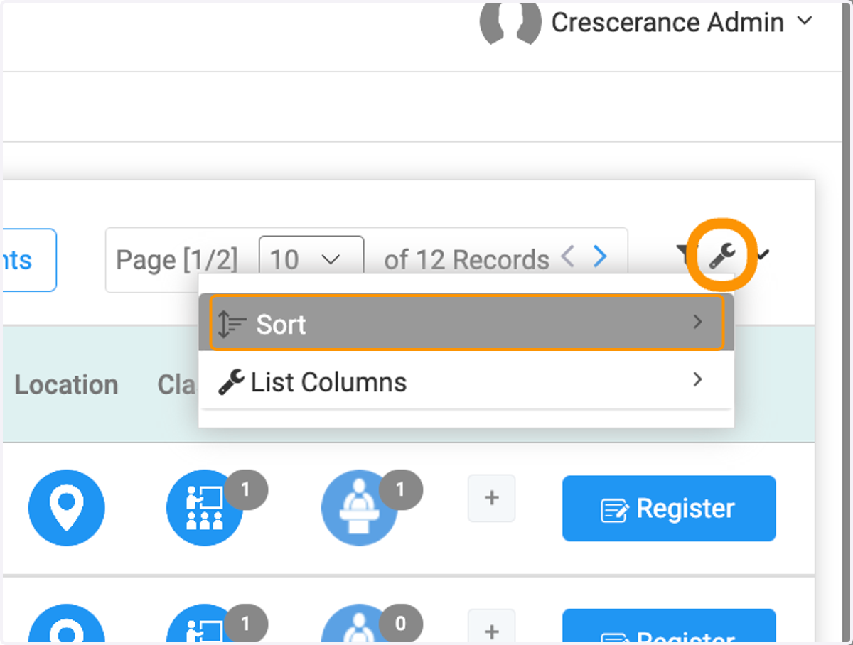 Click on the wrench icon to sort your event list