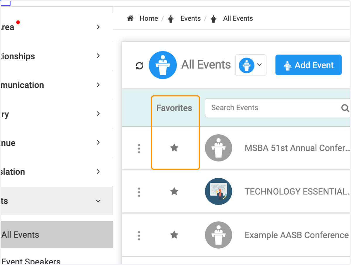Click on the star to mark an Event as a favorite