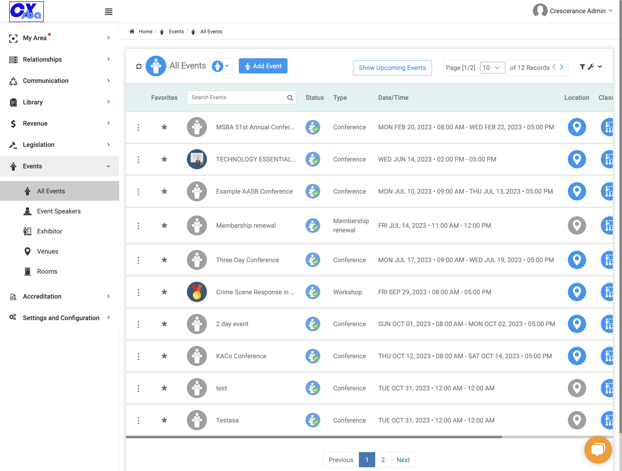 Click on Search Events to search for events by name