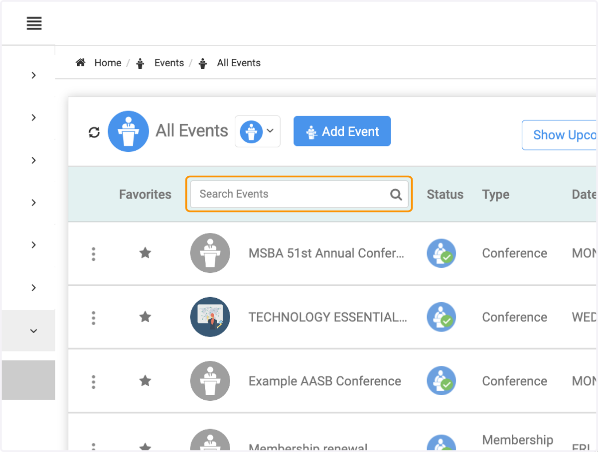 Click on Search Events to search for events by name