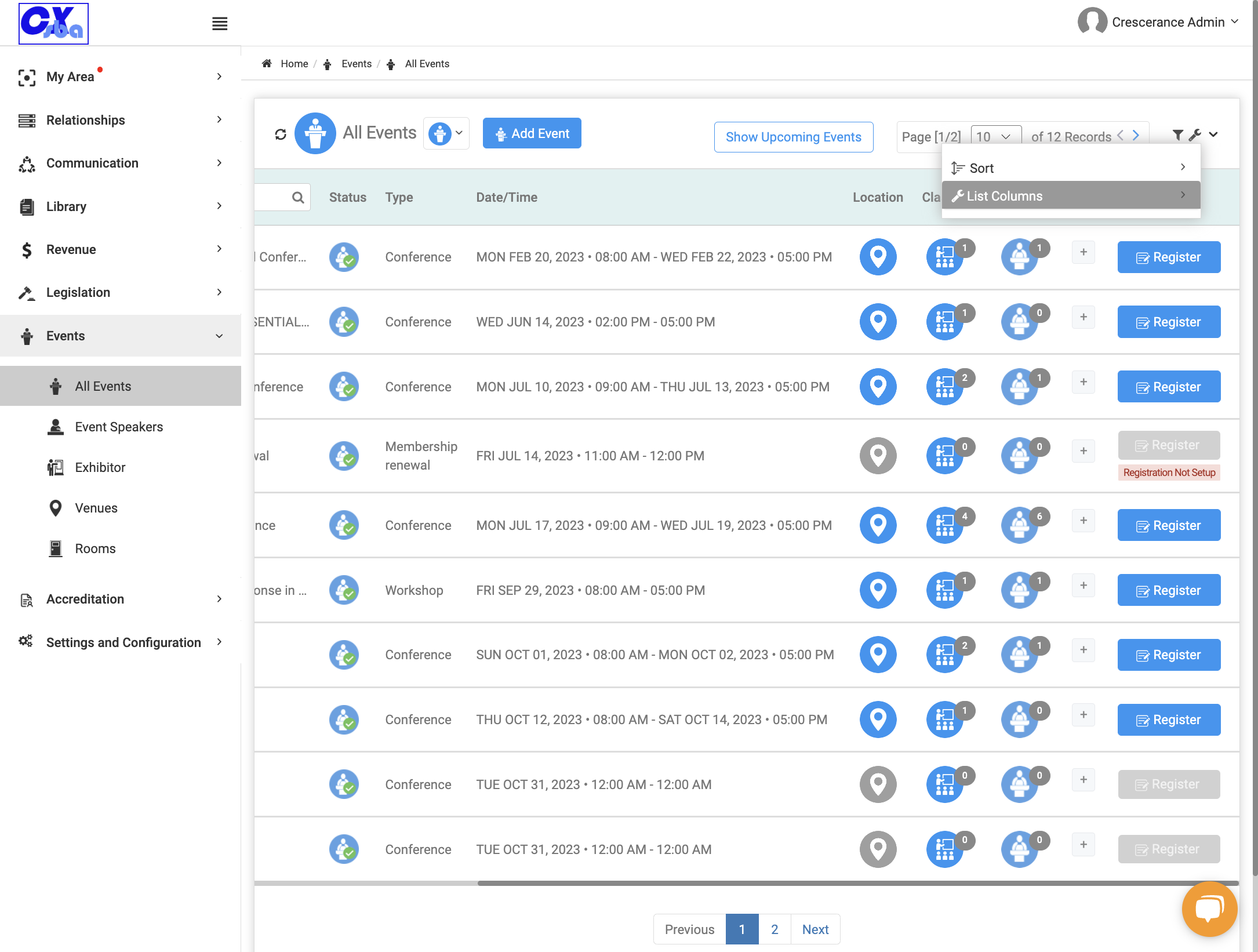 Click on List Columns to change the columns on the detail page