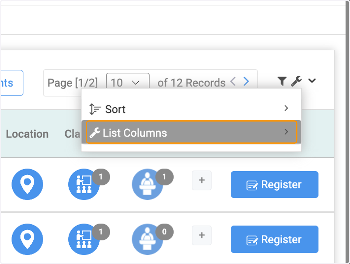 Click on List Columns to change the columns on the detail page