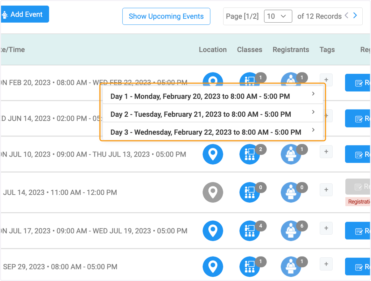 View location for each day of the event