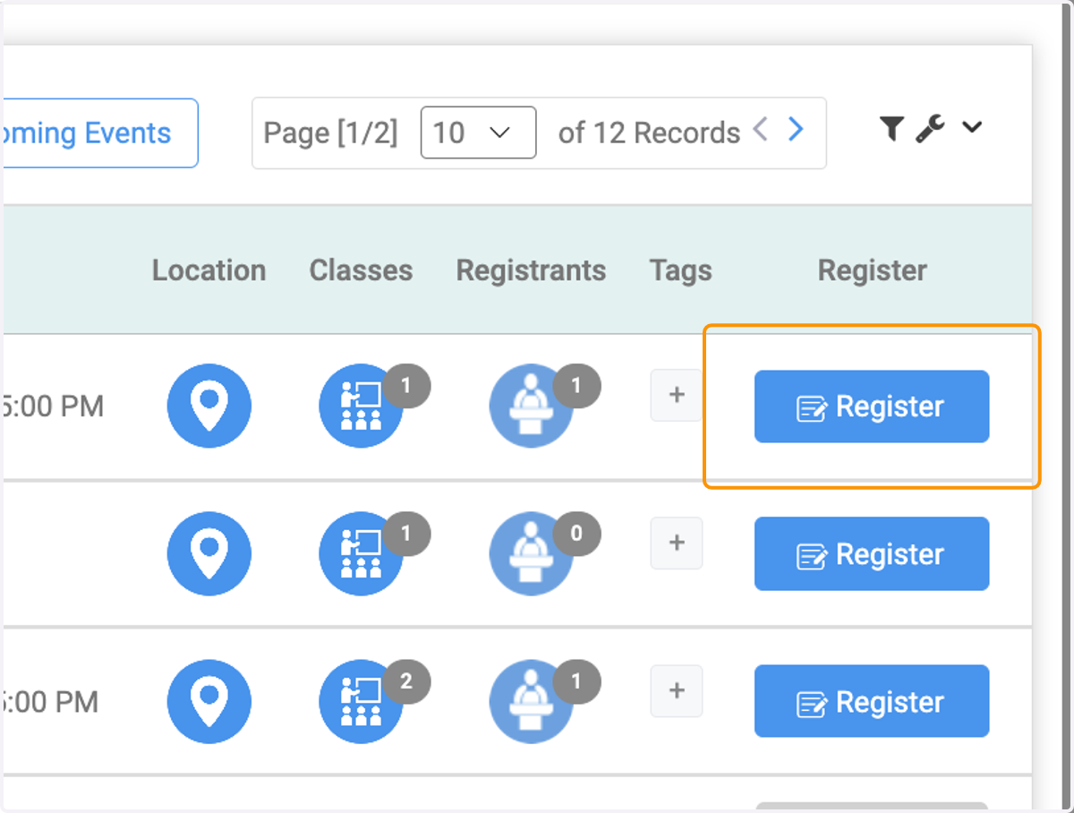 Click on Register to register participants