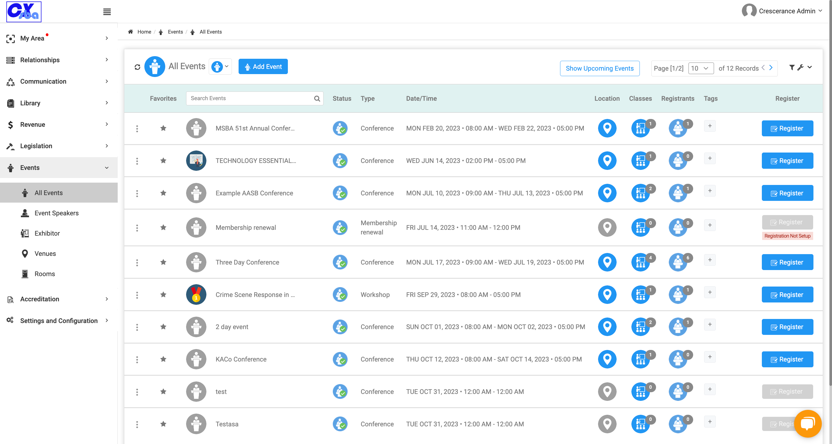 The full list of events is now viewable