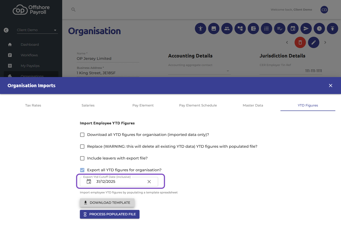 You have the option to add a date in the 'Export Ytd Cutoff Date (inclusive)' field. For example, if you wish to download YTD totals up until August 2025, you would enter the date of the last day of the pay period in August.