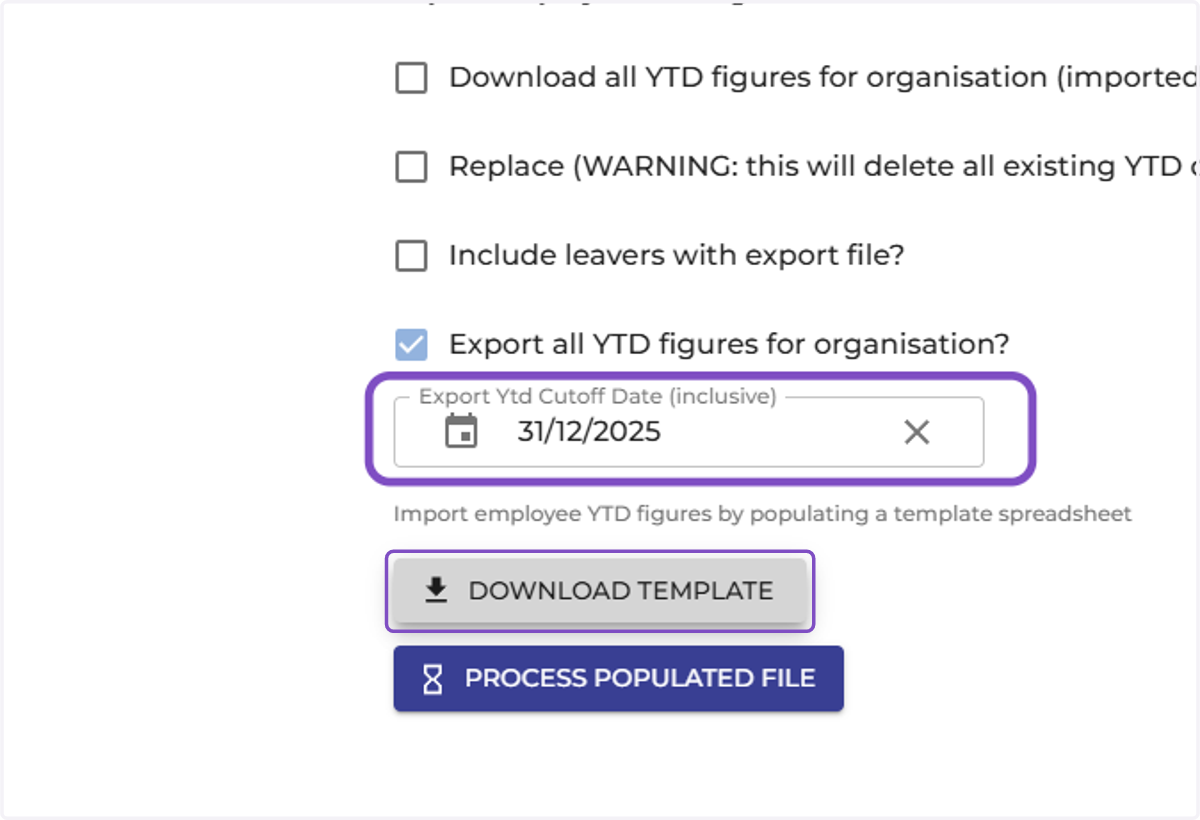 You have the option to add a date in the 'Export Ytd Cutoff Date (inclusive)' field. For example, if you wish to download YTD totals up until August 2025, you would enter the date of the last day of the pay period in August.