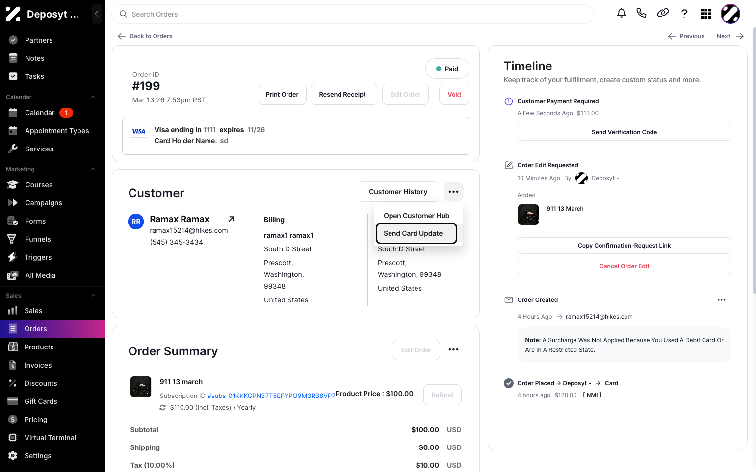 Step 4: You will now see the Order Summary. Under the Customer section, click the three-dot menu and select Send Card Update.