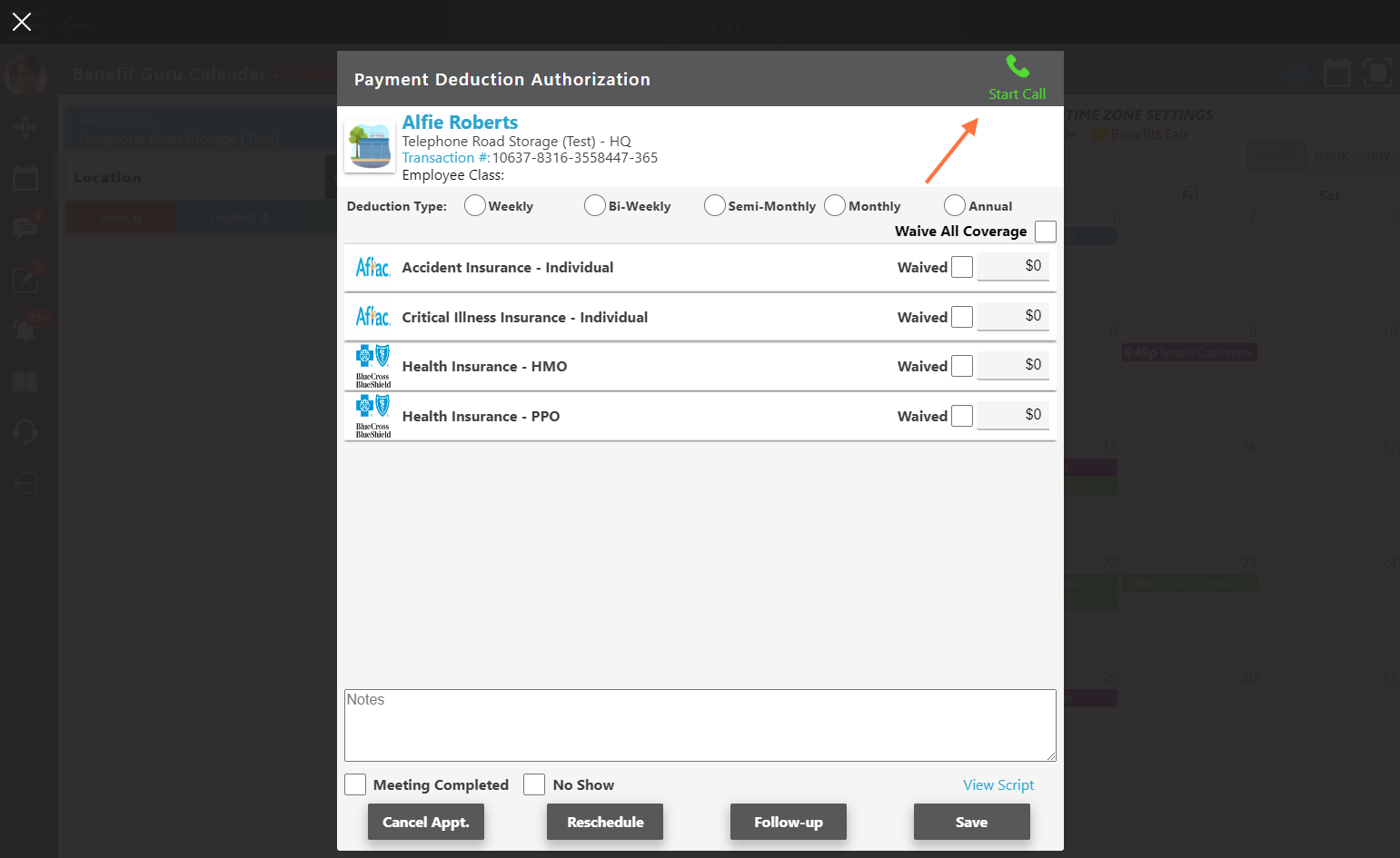 The PDA will now repopulate as a Telephonic appointment with the "Start Call" icon available in the upper right-hand corner to initiate the telephonic call.