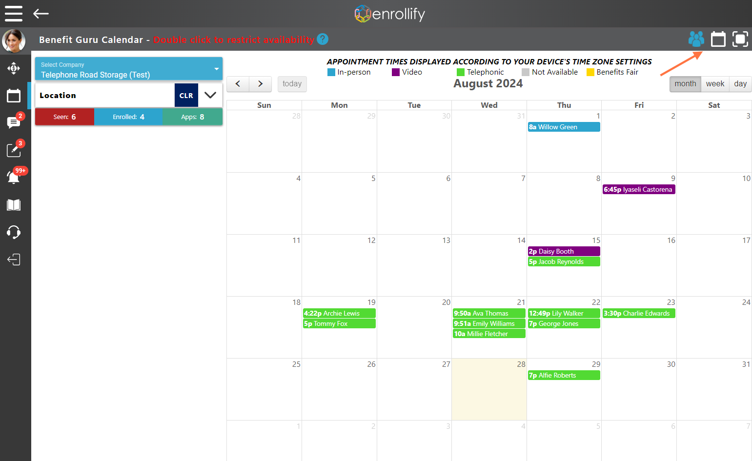 Now that the Telephonic appointment is canceled, click the Calendar icon in the upper right corner of your Calendar.