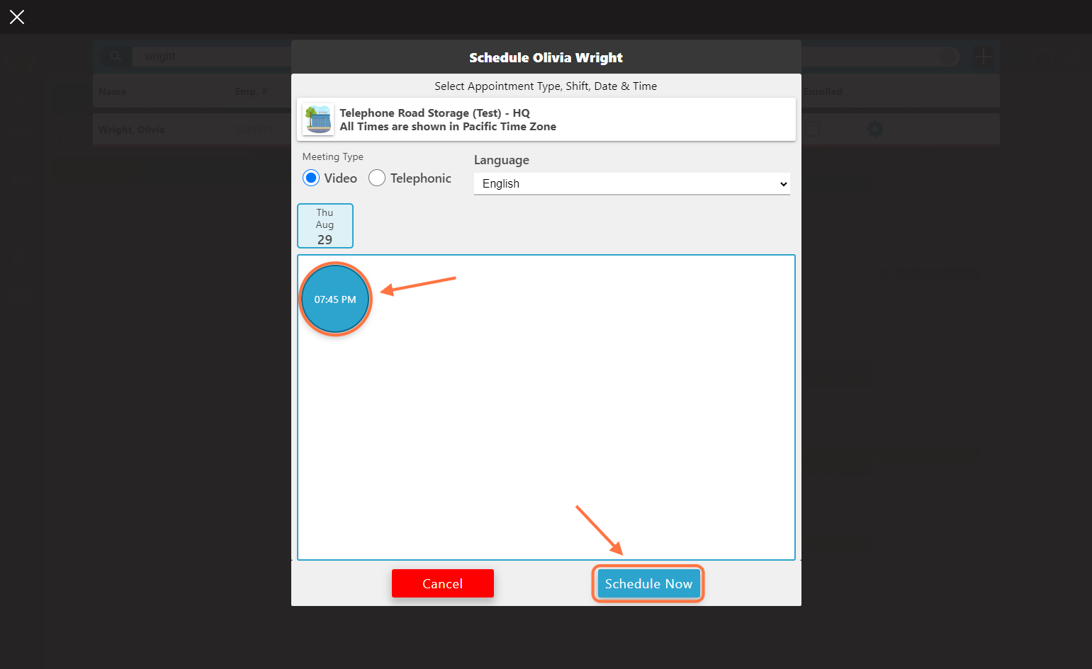Under 'Meeting Type' select 'Video', then choose from an available appointment time or use the 'Schedule Now' feature to schedule a Video appointment.