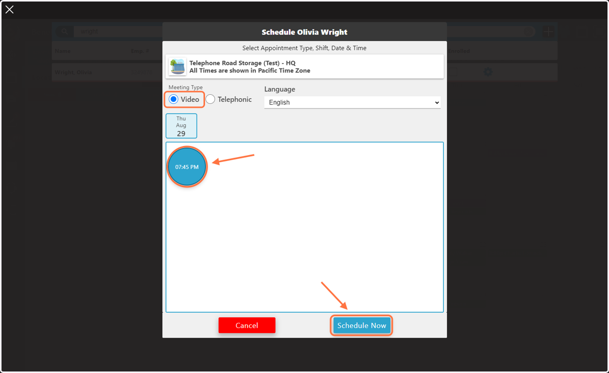 Under 'Meeting Type' select 'Video', then choose from an available appointment time or use the 'Schedule Now' feature to schedule a Video appointment.