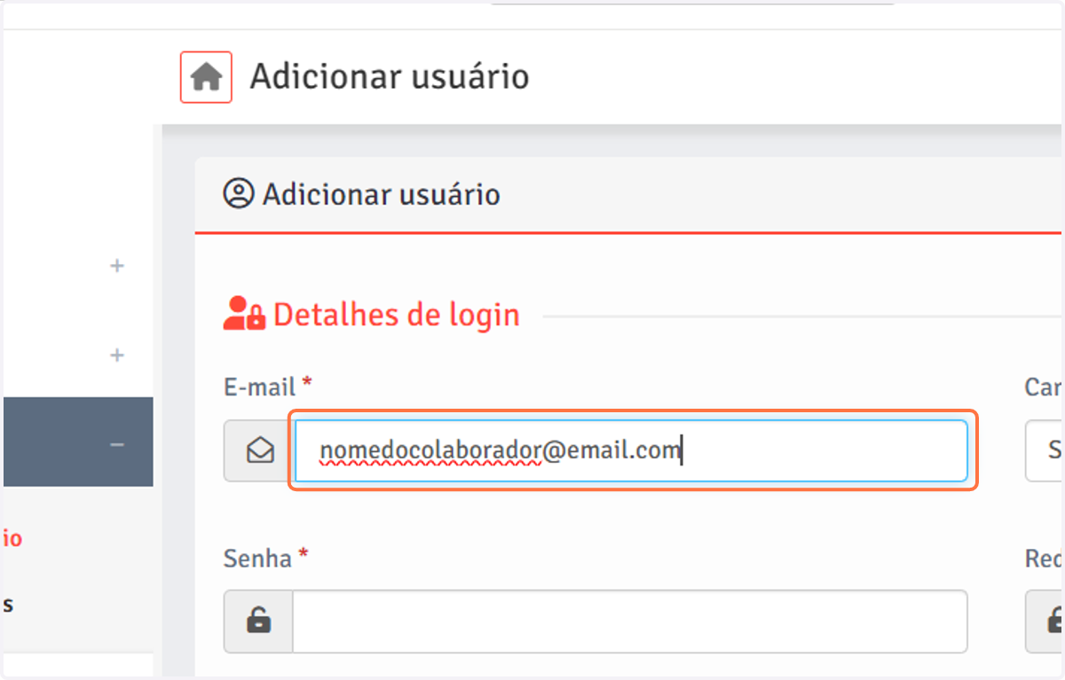 Insira o e-mail do colaborador. Este e-mail será utilizado como login de usuário.