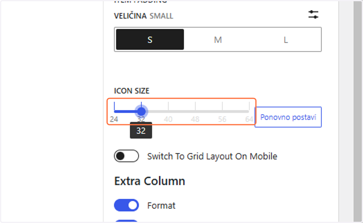 Za ICON SIZE odabrati 32