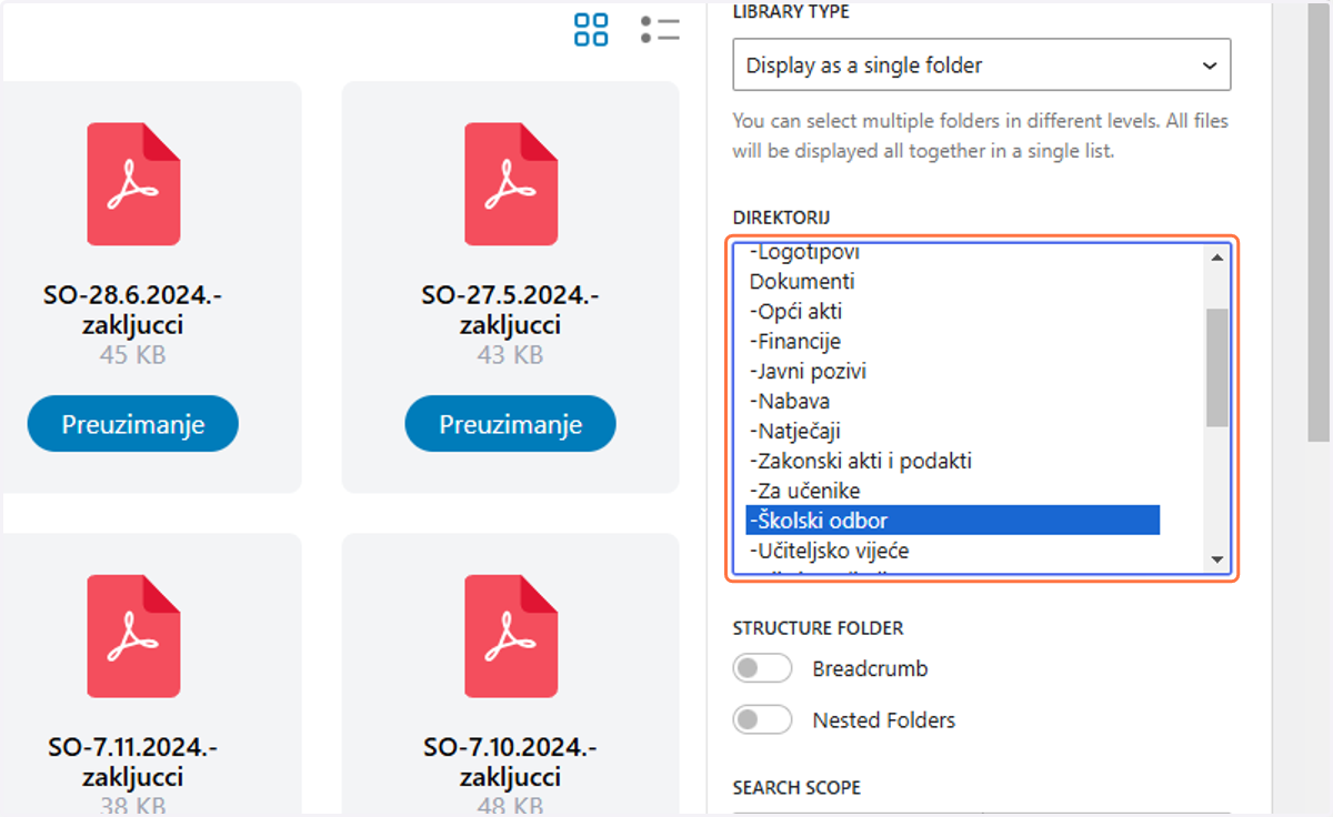 Odabrati željeni folder, npr. Školski odbor