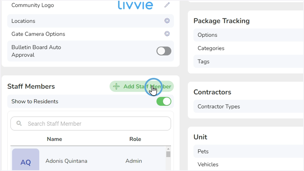 In the bottom, there is a staff members list. Click on Add Staff Member.