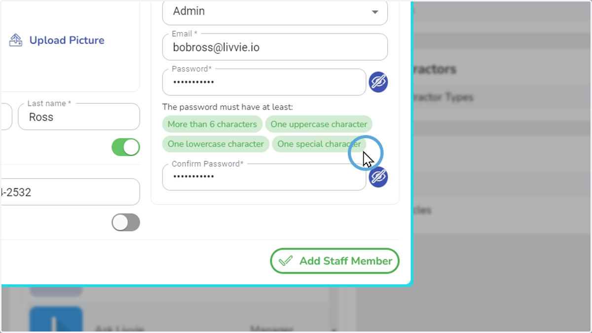 Create any email as a user name, and follow the rules for the password for security purposes.