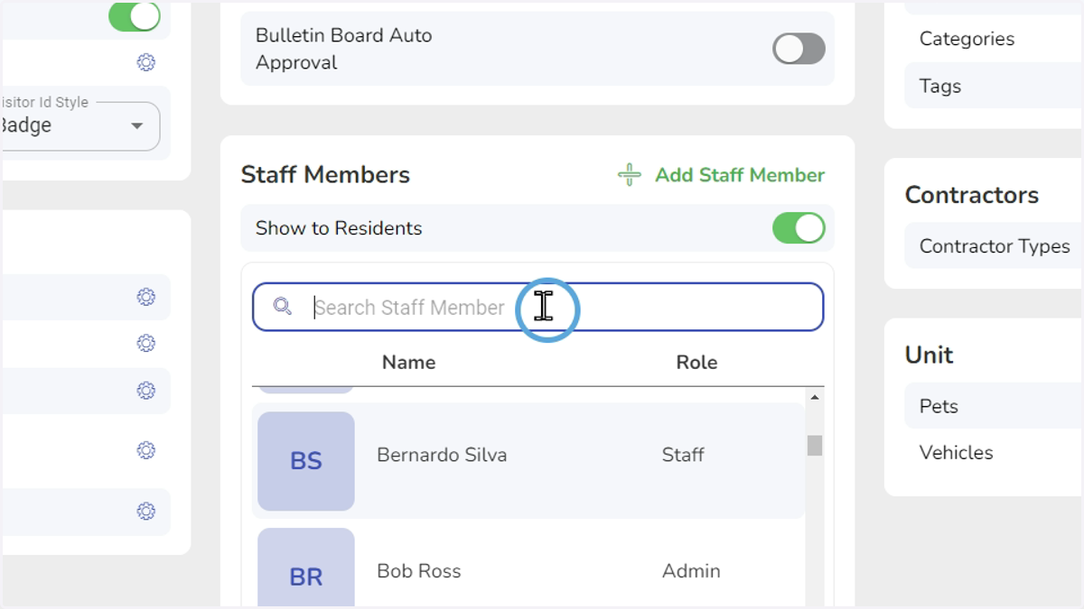 You may edit a staff member's information, password, email by searching their name
