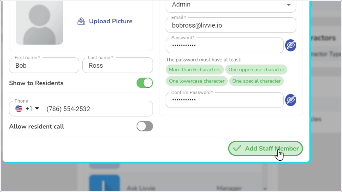 When ready, click Add Staff Member