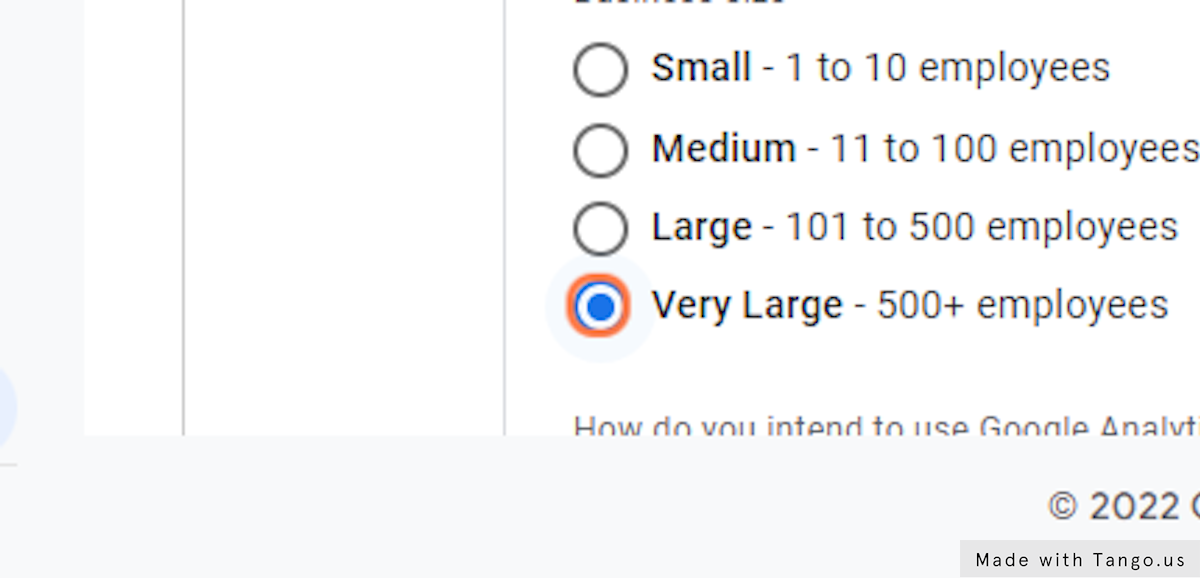 In the "Business size" drop-down, select "Very Large"