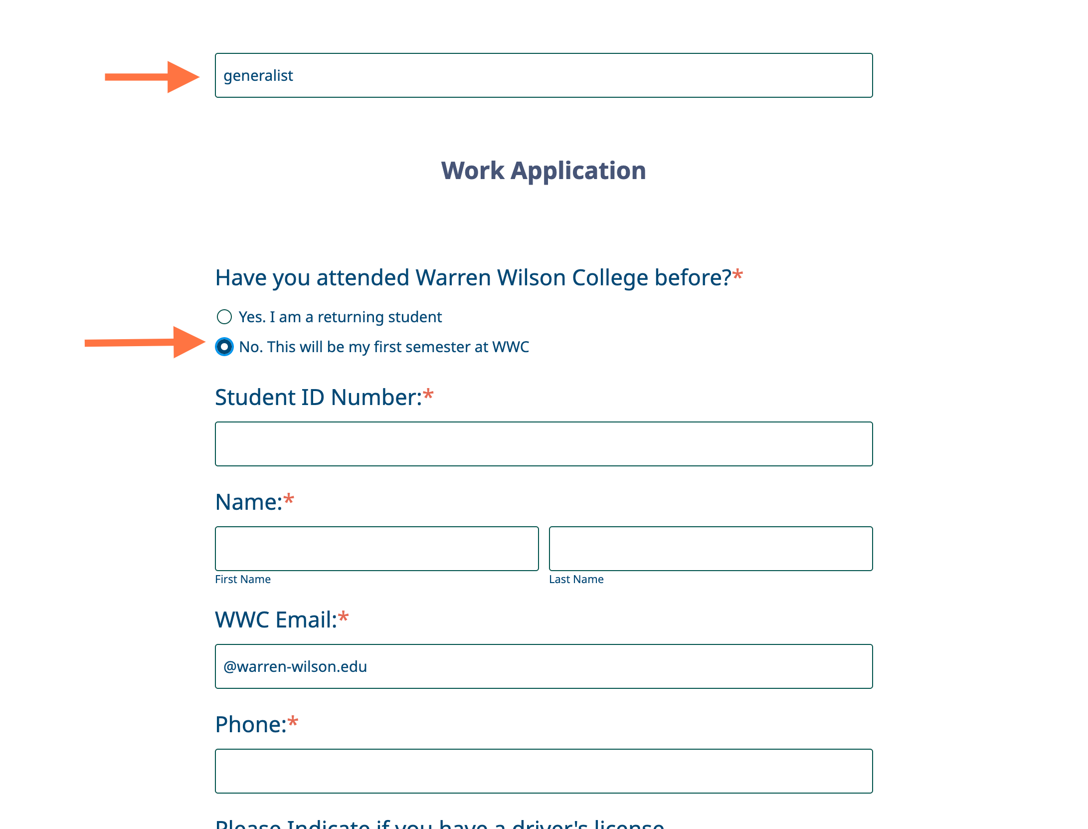 First, check that the position title matches the one you saw on Handshake. Then, select "No" when asked if you have attended WWC before.