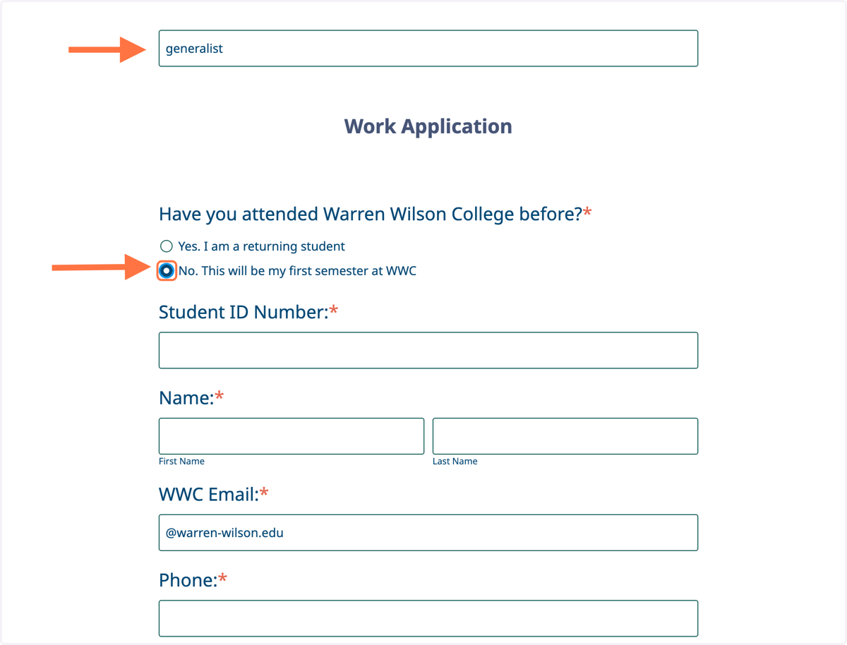 First, check that the position title matches the one you saw on Handshake. Then, select "No" when asked if you have attended WWC before.