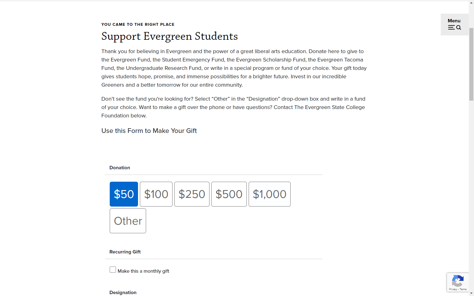 Select or enter the amount you would like to donate