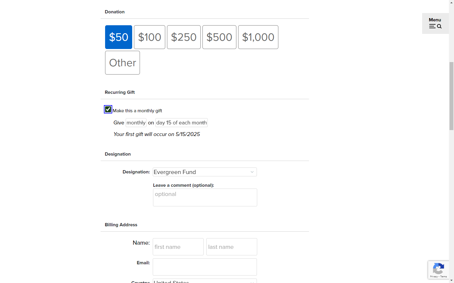 If you'd like to set up a monthly gift, check the box for "make this a monthly gift."
