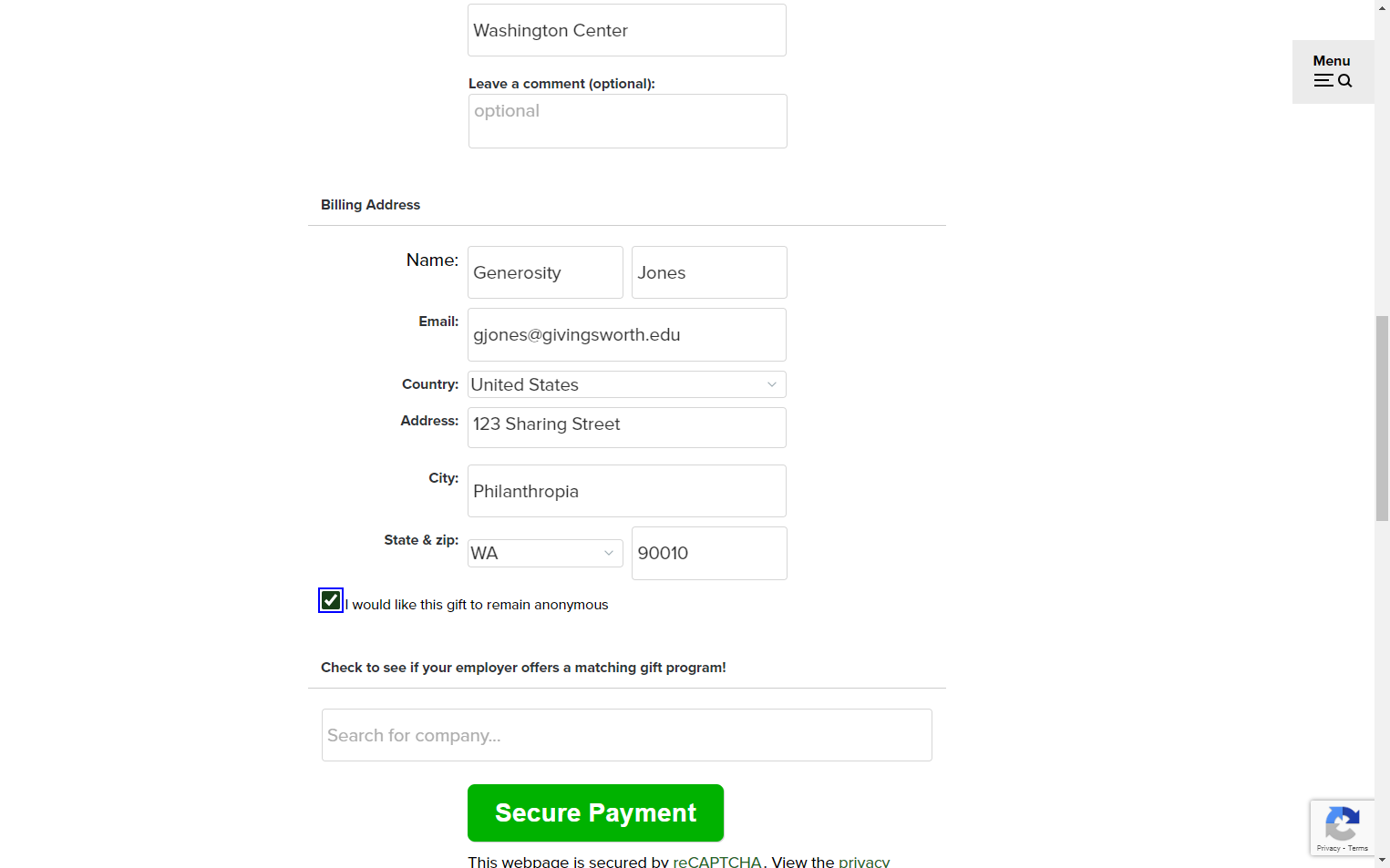 If you would like your gift to be anonymous, click this selection.