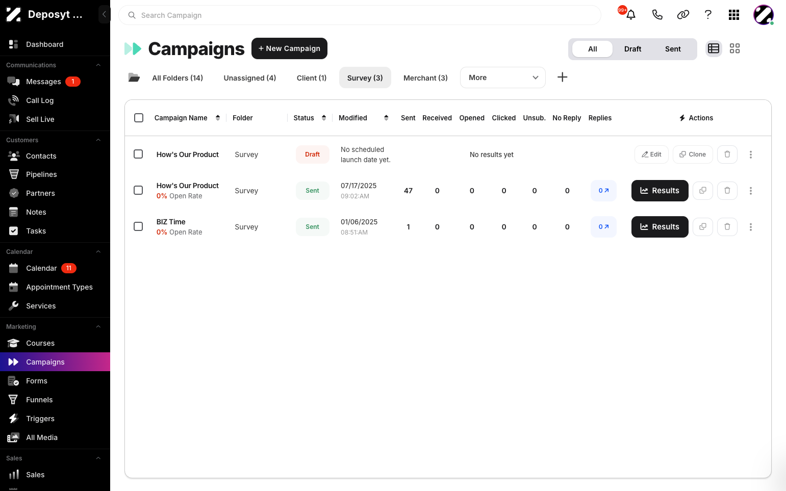 Step 5: All campaigns inside that folder will be displayed.