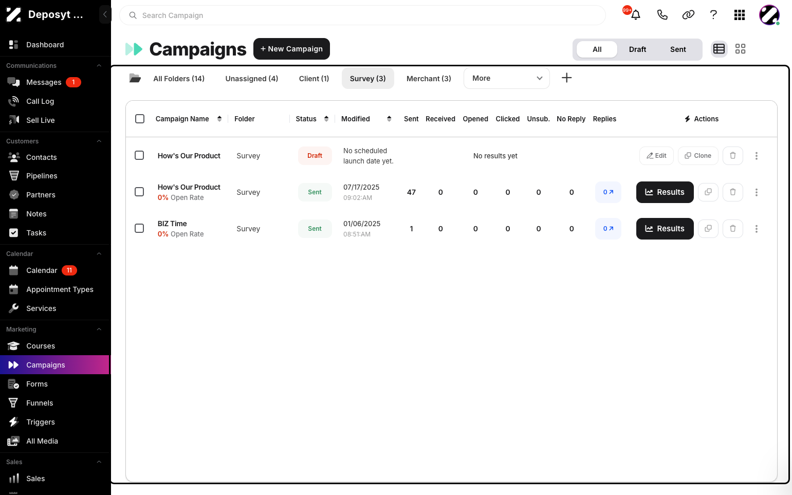 Step 5: All campaigns inside that folder will be displayed.