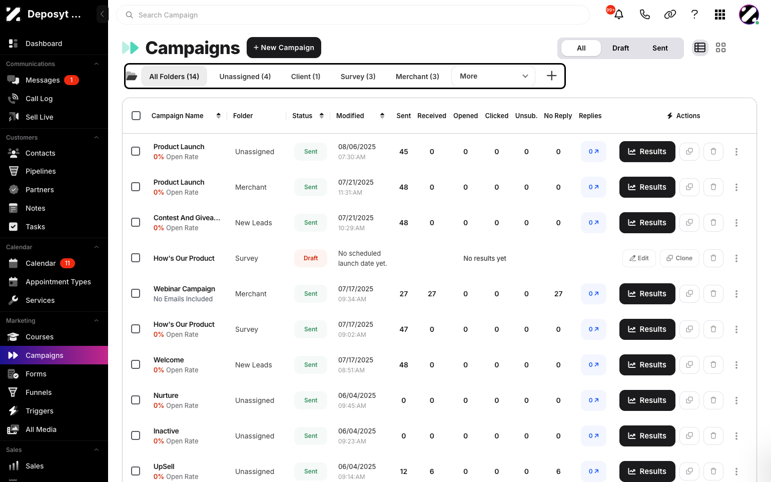 Step 3: You will see all campaign folders right below the Campaigns title.