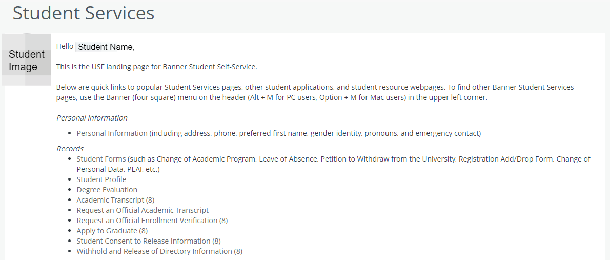 Back on the Student Services Landing Page