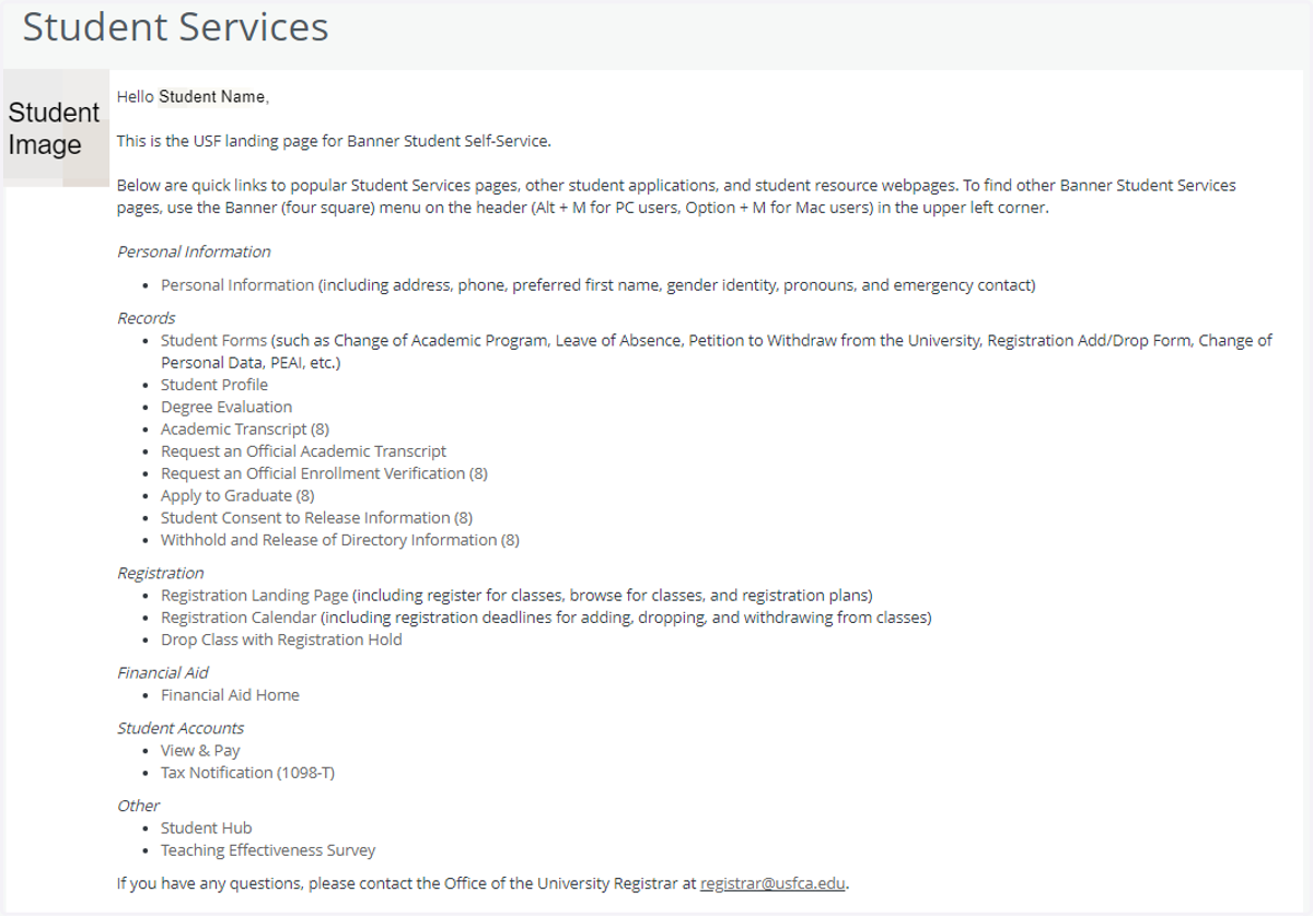 Student Services Landing Page