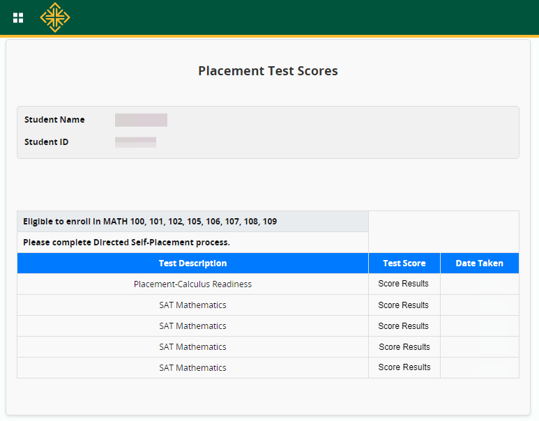 View Placement Test Scores Screen