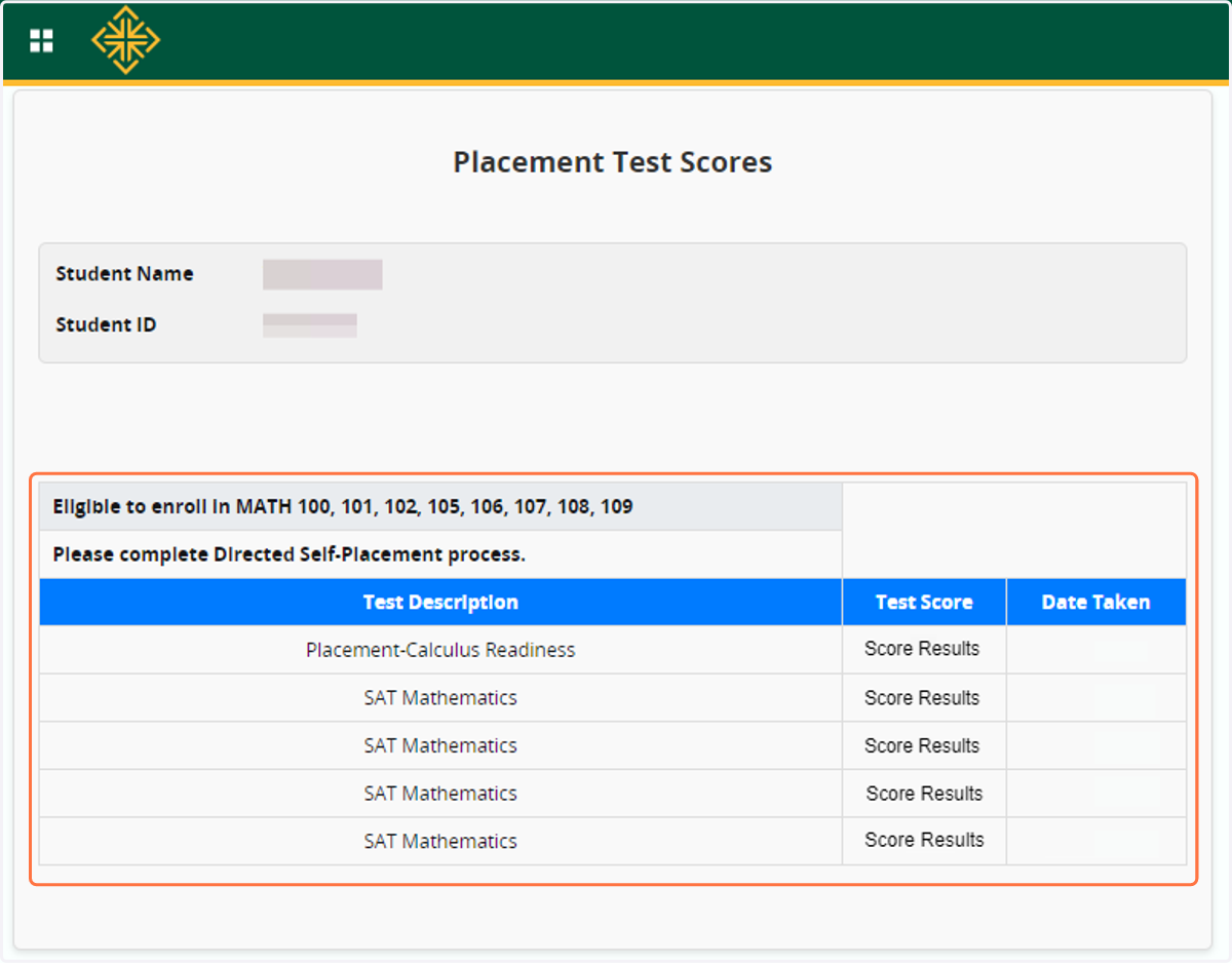 View Placement Test Scores Screen