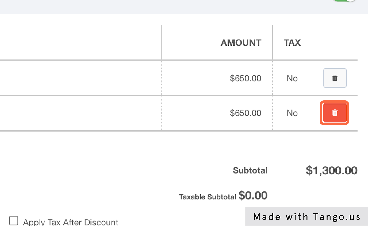 Click the Trash icon next to the item that needs to be edited to remove it from the invoice